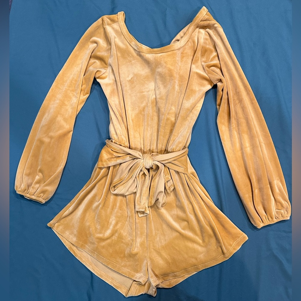Blue Blush Yellow Velvet Romper, Cutout Back, Sz Small. Like new!